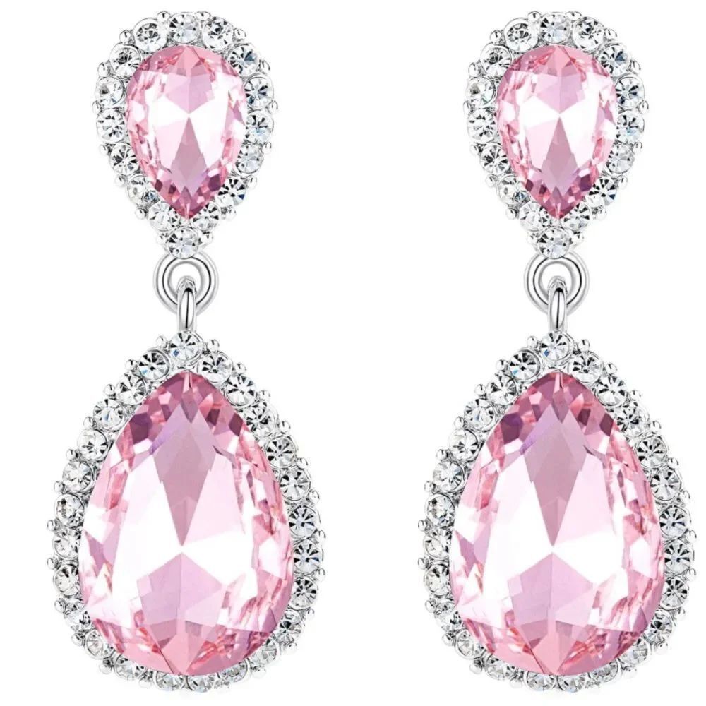 Silver with Pink Sapphire and Diamond Austrian Crystal Teardrop Post Earrings